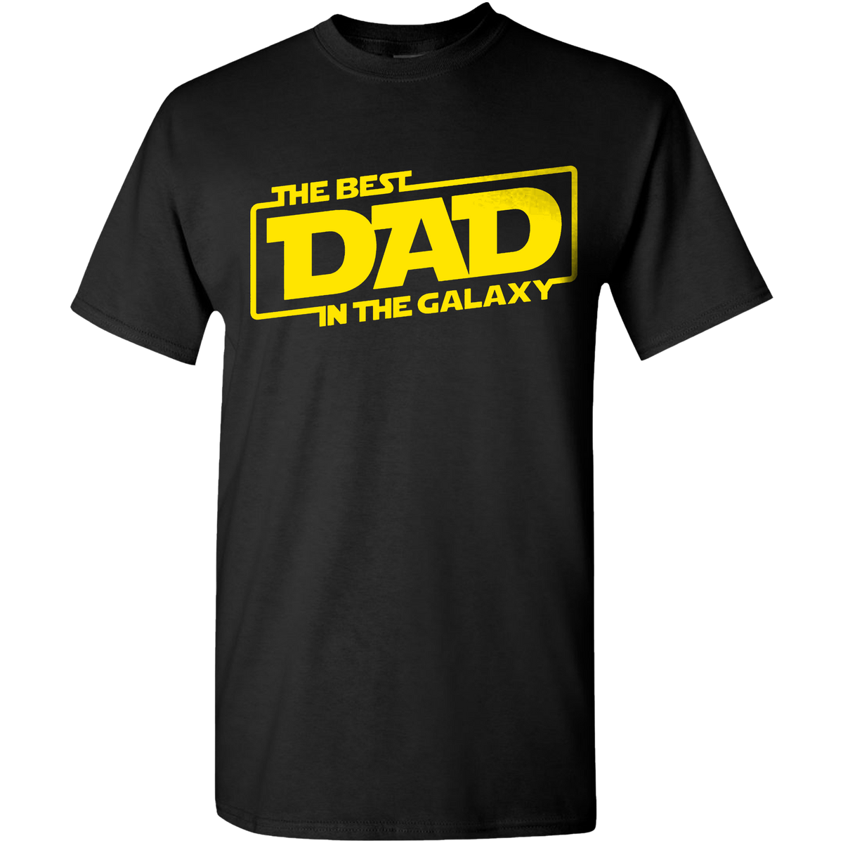 Black t-shirt with a yellow space saga style The Best Dad in the Galaxy logo
