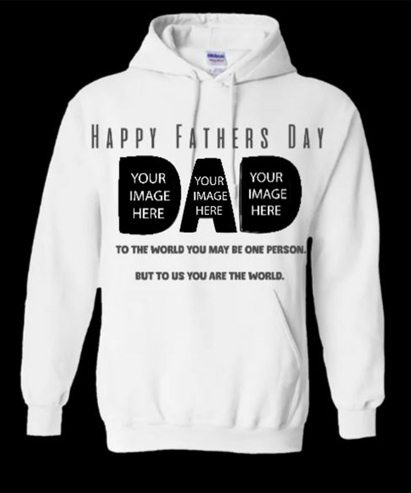 DAD Day custom photo shirt: three photos inside the letters D-A-D under Happy Fathers Day