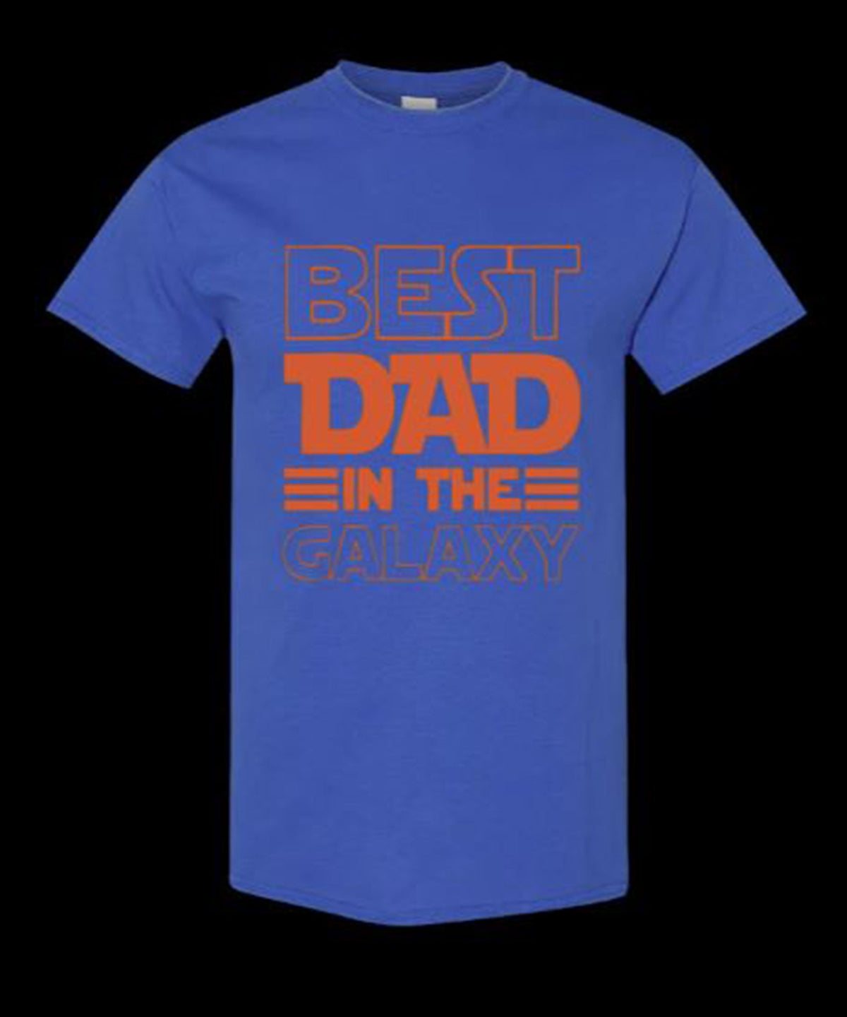 Royal blue t-shirt with a striped Best Dad in the Galaxy graphic