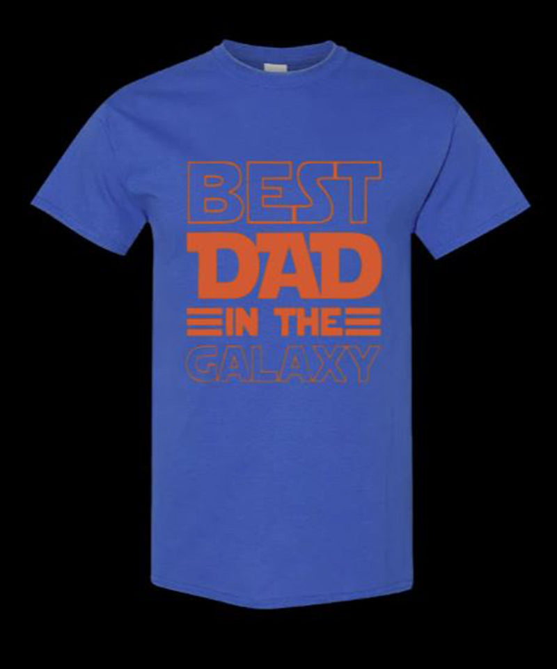 Royal blue t-shirt with a striped Best Dad in the Galaxy graphic