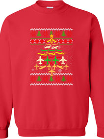 Airplane Christmas Tree Ugly Sweater on a red crewneck sweatshirt