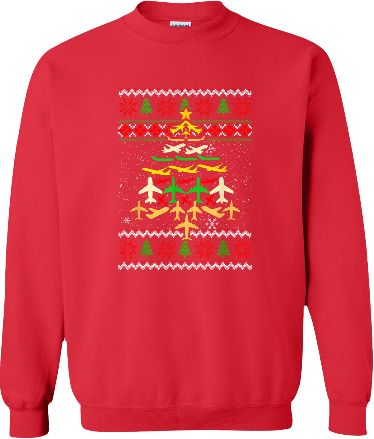 Airplane Christmas Tree Ugly Sweater on a red crewneck sweatshirt