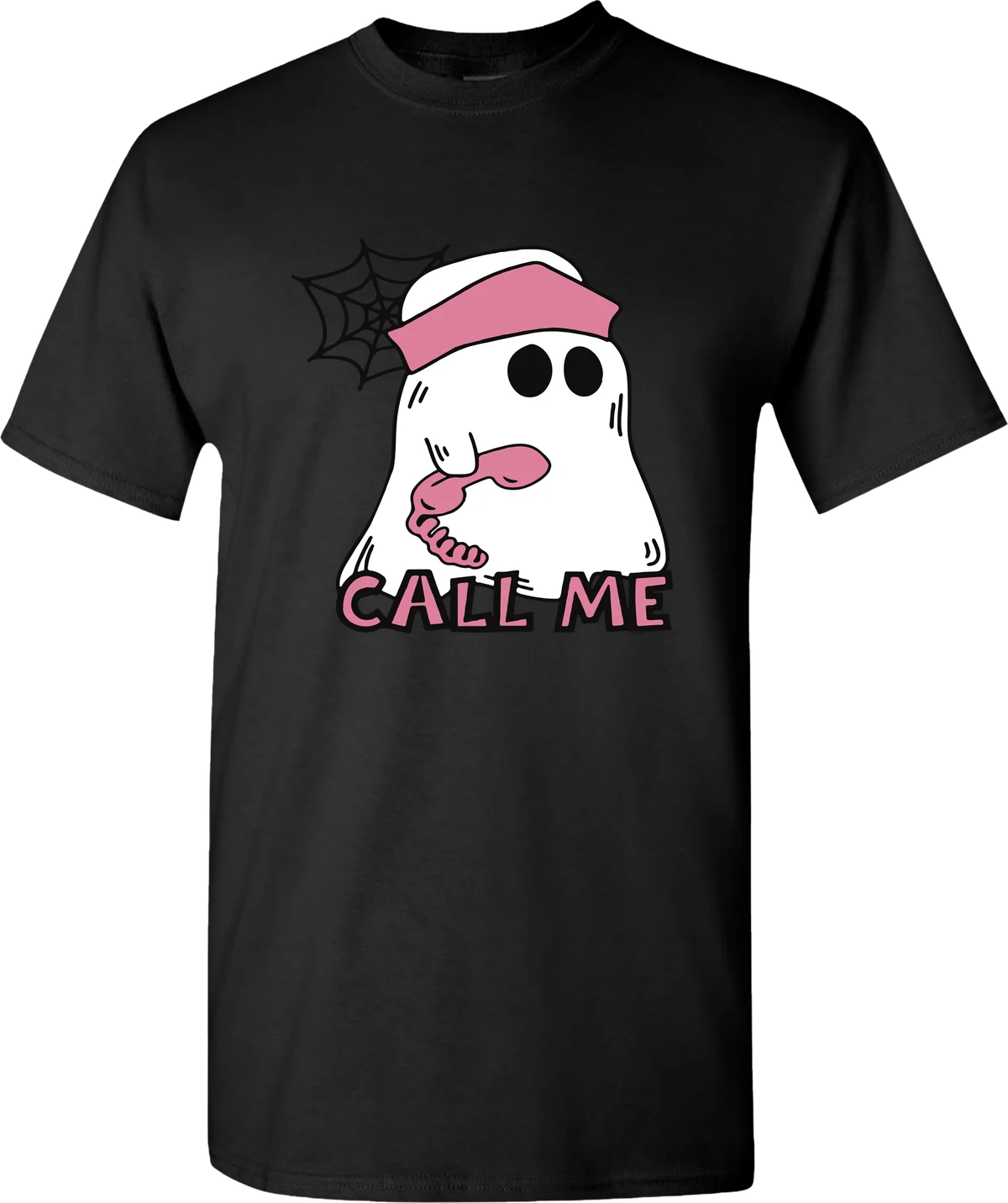 Call Me Ghost Halloween graphic on a black t-shirt