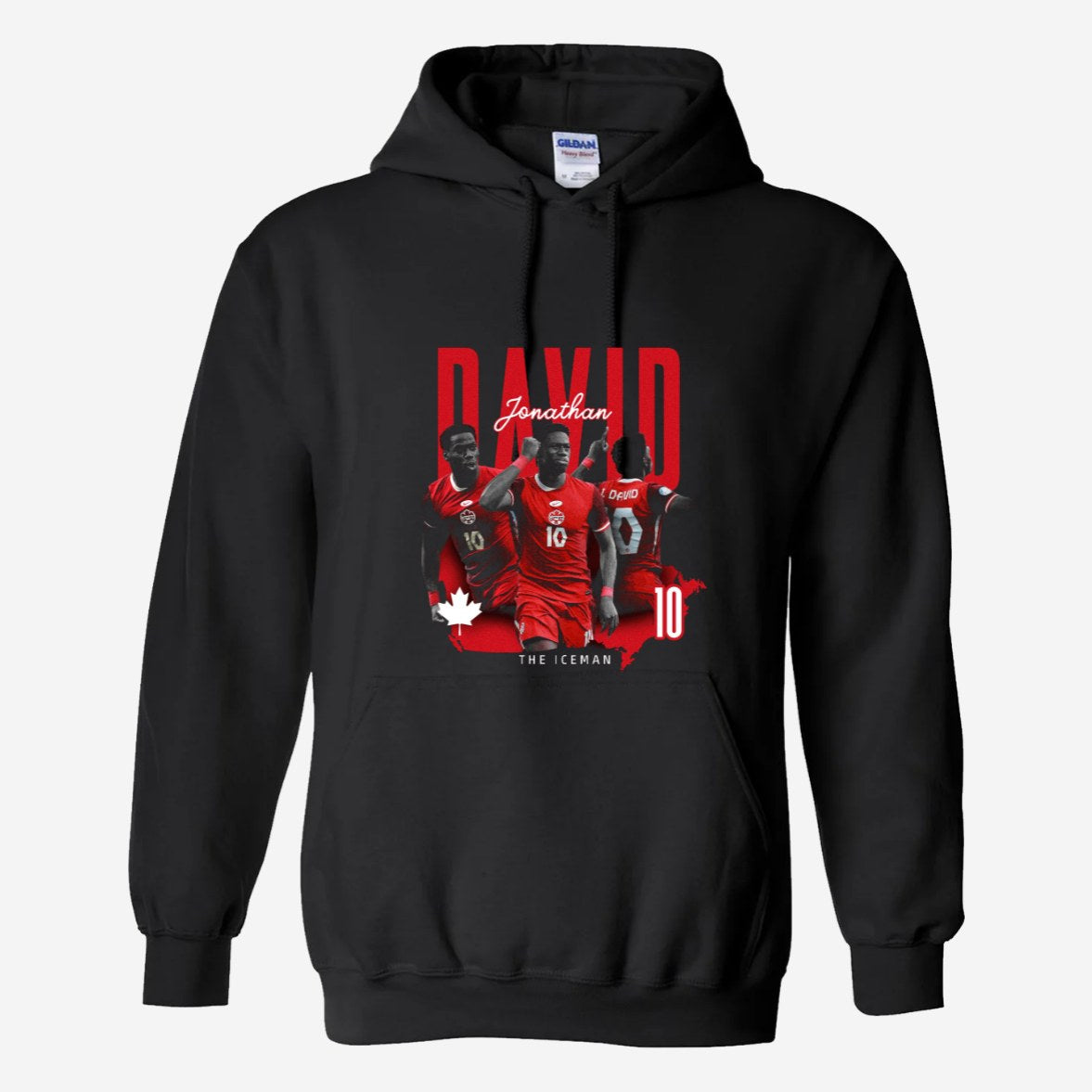 Black hoodie with a red Canadian soccer striker graphic, a maple leaf and the number 10