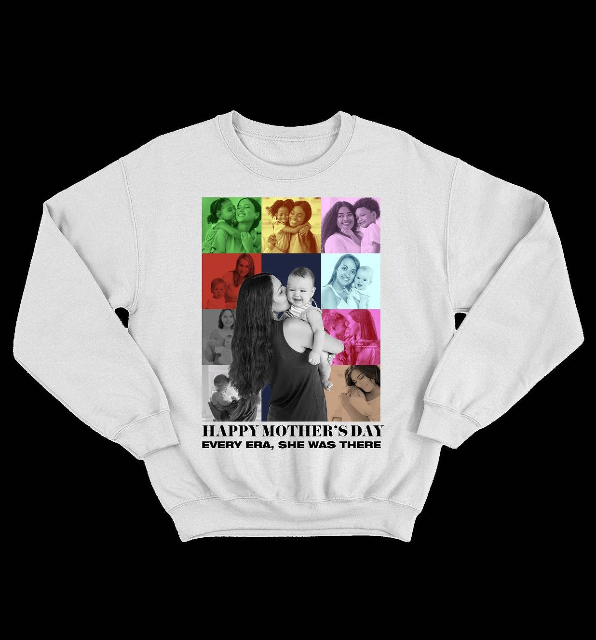 Mother's Day photo collage shirt: ten coloured photo tiles, her name and Every Era, She Was There