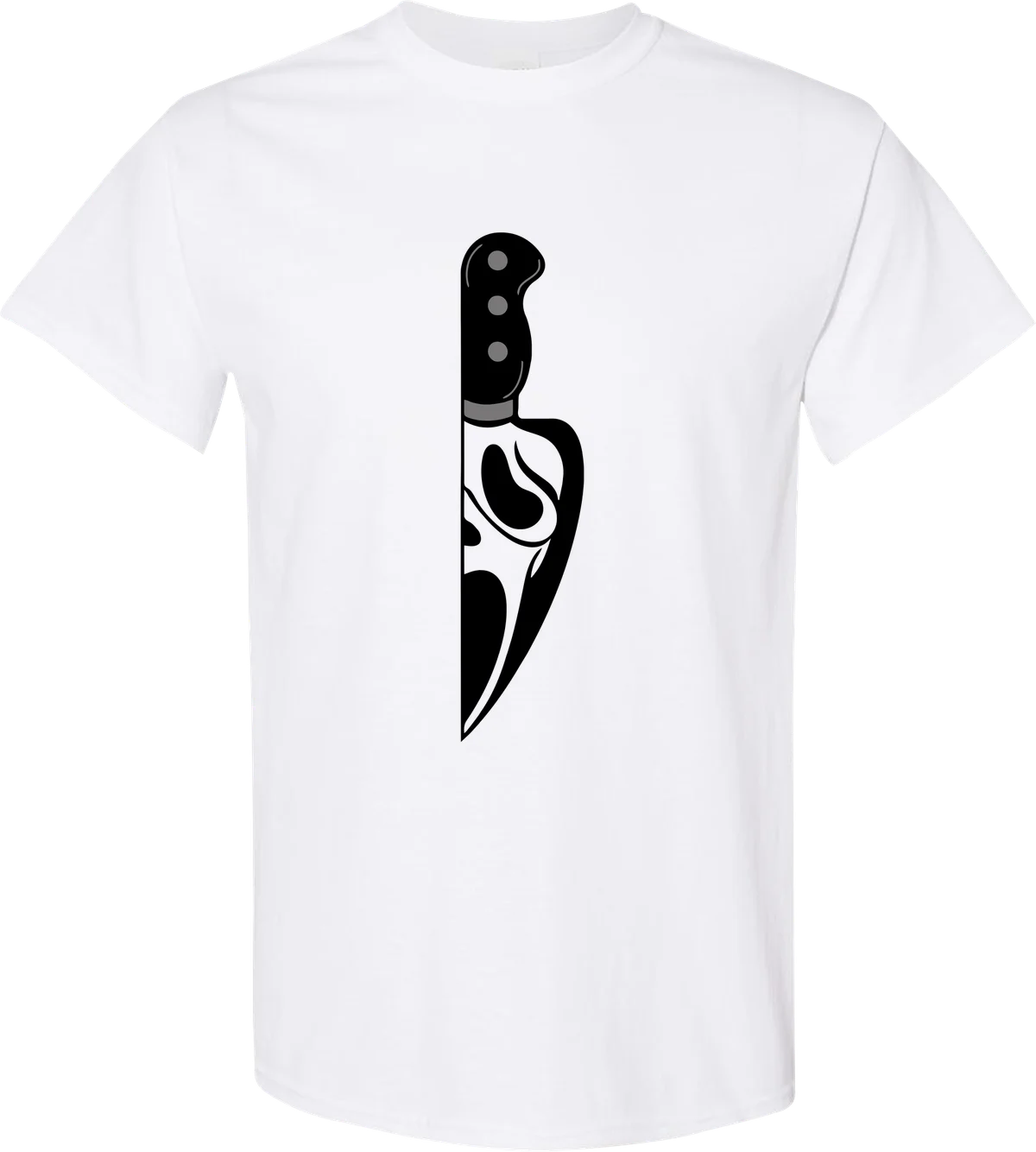 Ghost Knife Halloween graphic on a white t-shirt