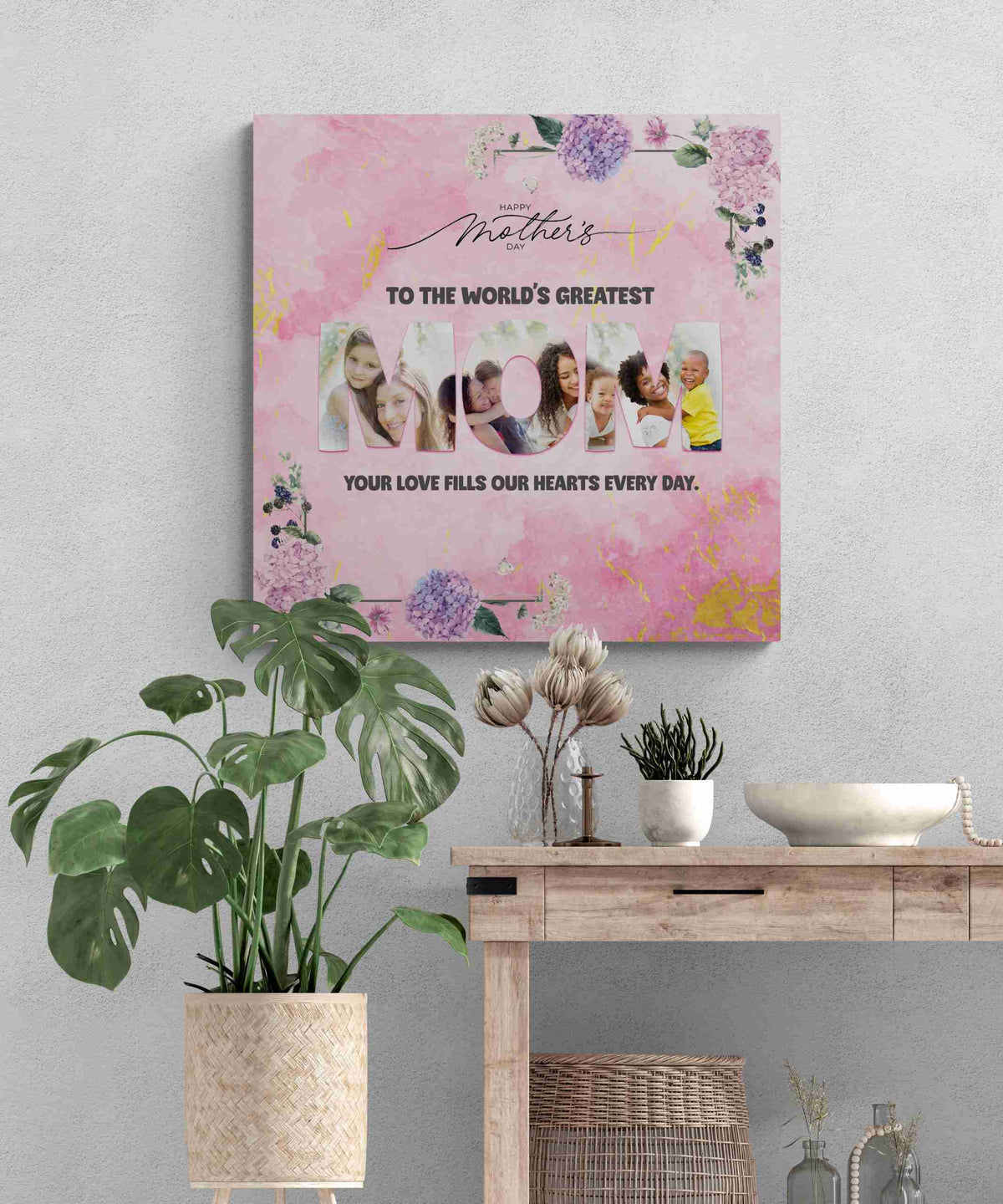 Custom Mother's Day photo canvas with three photos inside the letters M-O-M