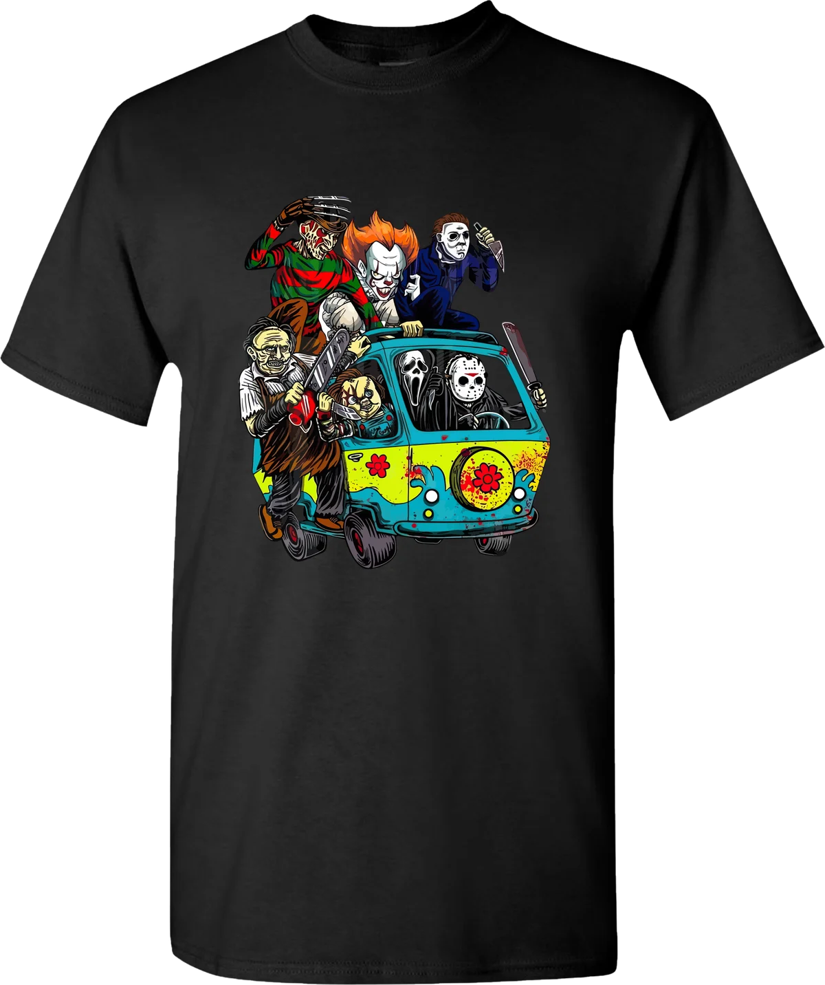 Horror Road Trip Halloween graphic on a black t-shirt