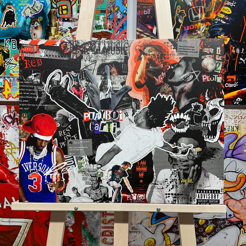 Commissioned music artist collage canvas on an easel in an Urban Customz store