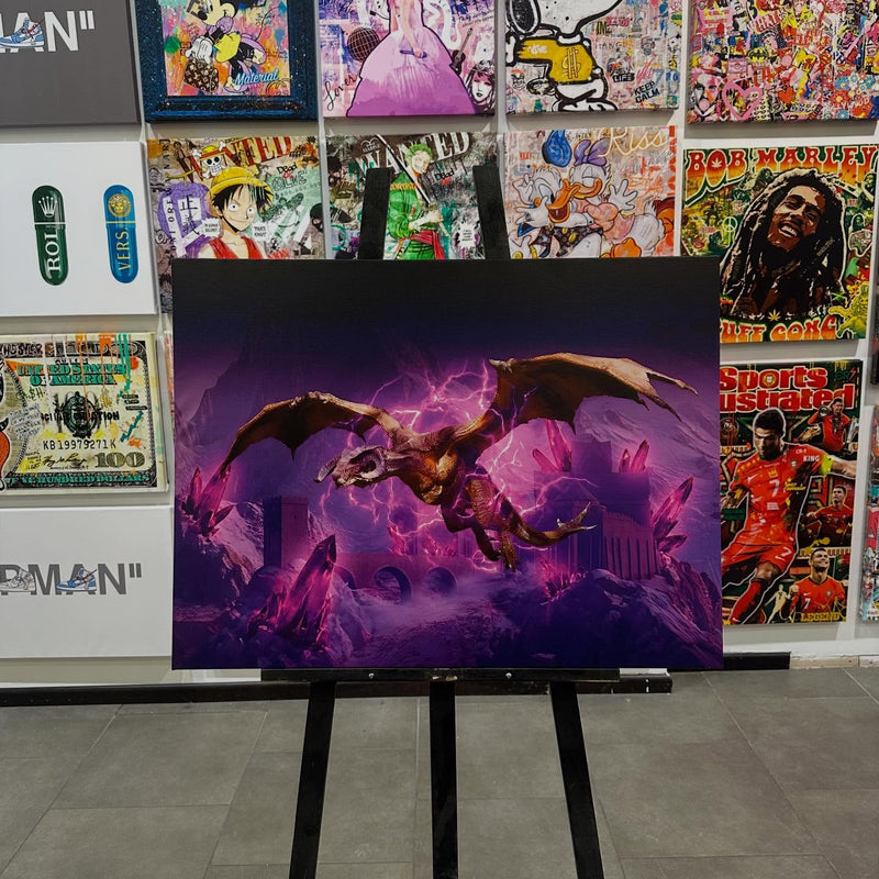 Custom fantasy dragon canvas on an easel in an Urban Customz store