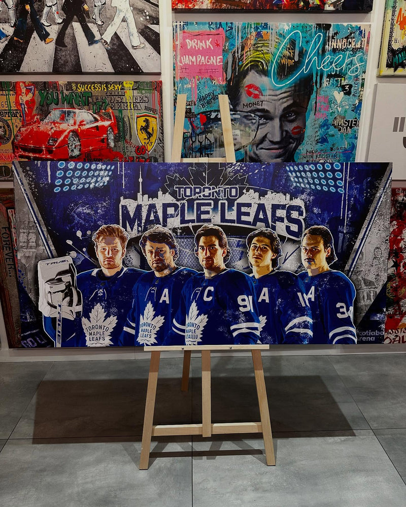 Toronto Maple Leafs canvas on an easel in an Urban Customz store