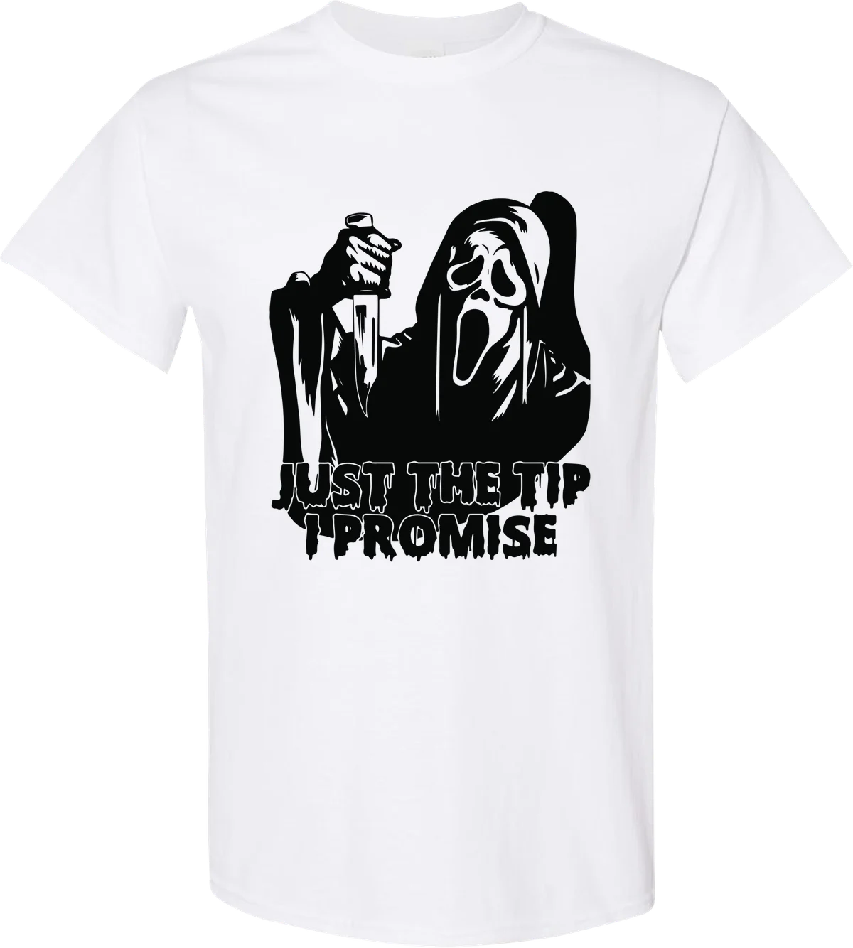 Just The Tip Halloween graphic on a white t-shirt