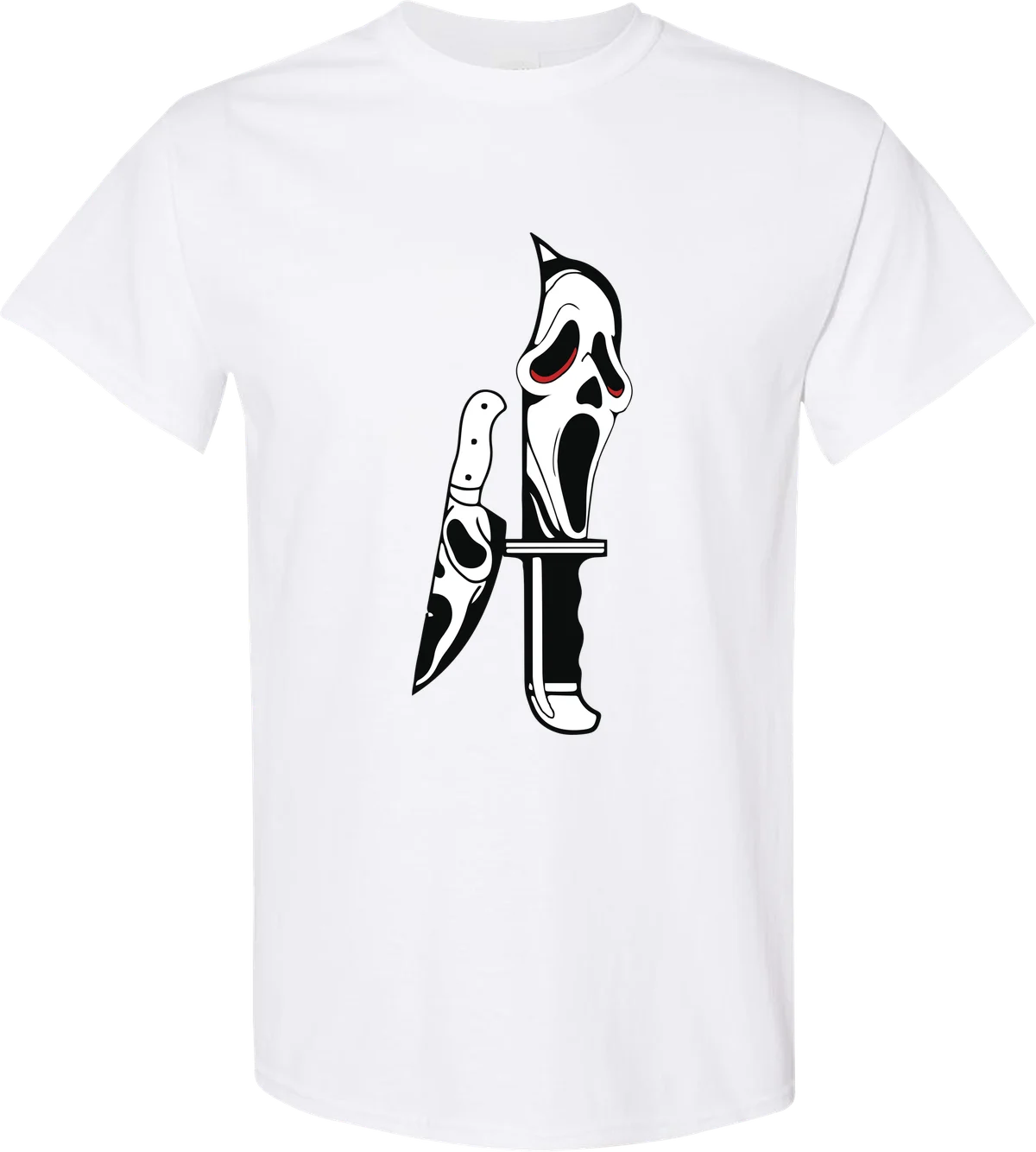 Killer Knife Halloween graphic on a white t-shirt