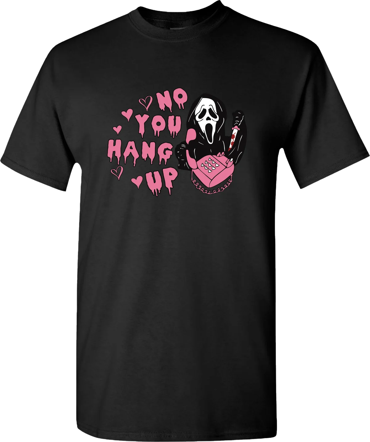 No You Hang Up Hearts Halloween graphic on a black t-shirt