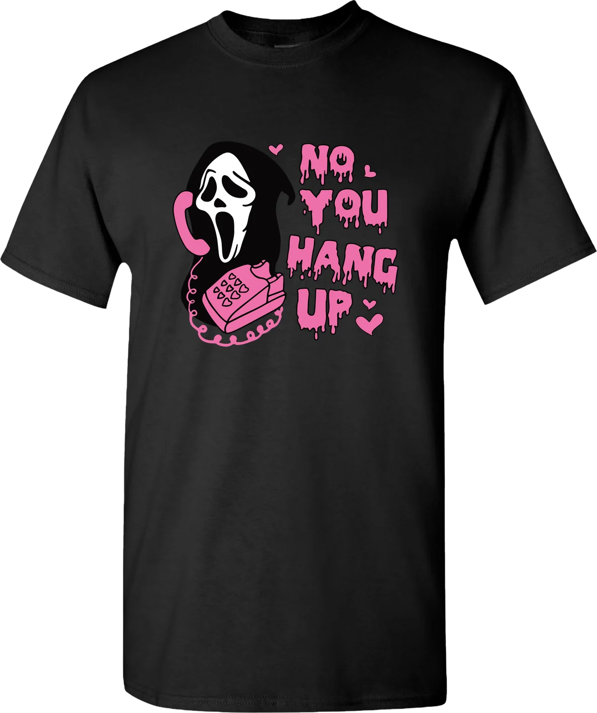 No You Hang Up Phone Halloween graphic on a black t-shirt