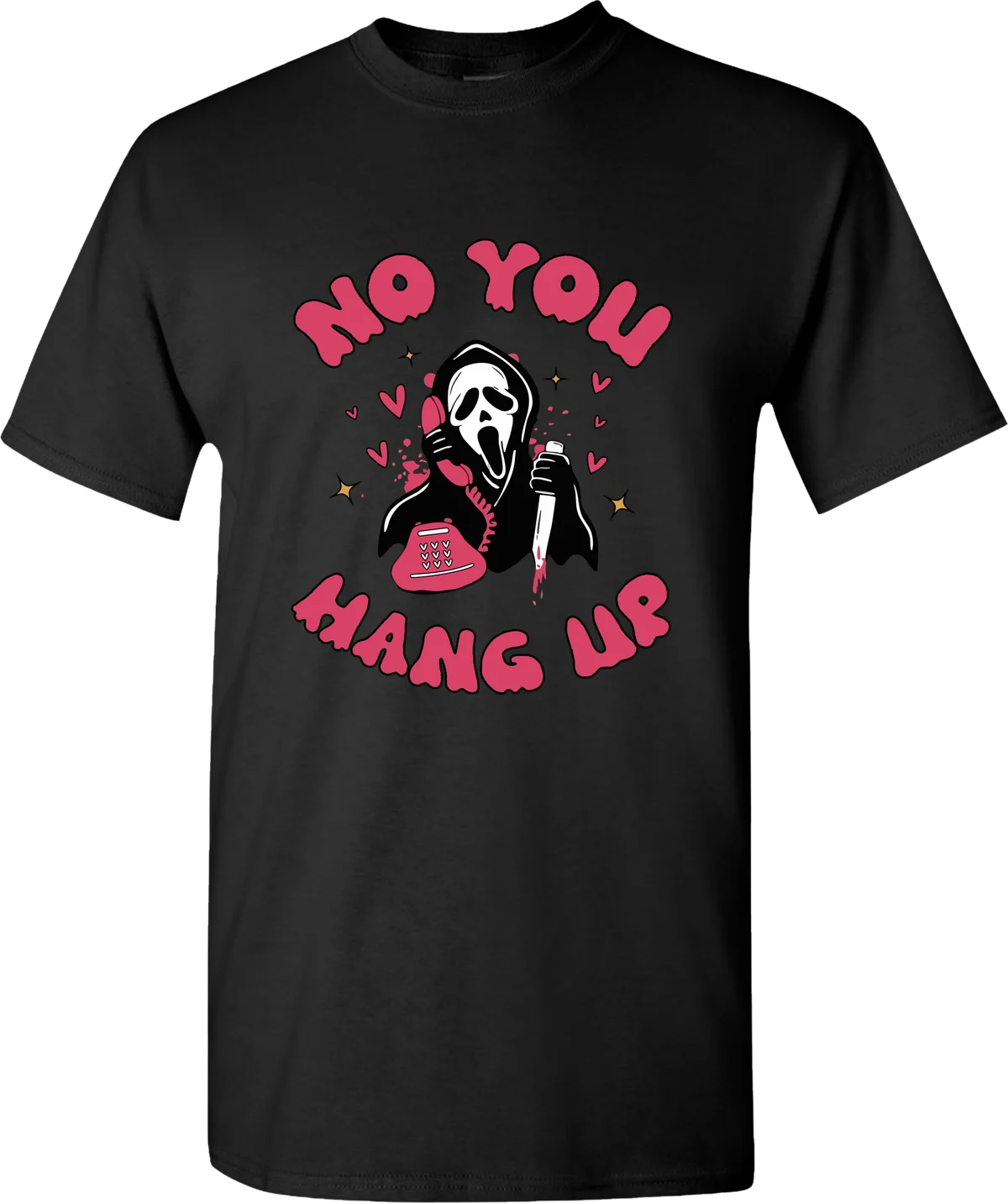 No You Hang Up Halloween graphic on a black t-shirt