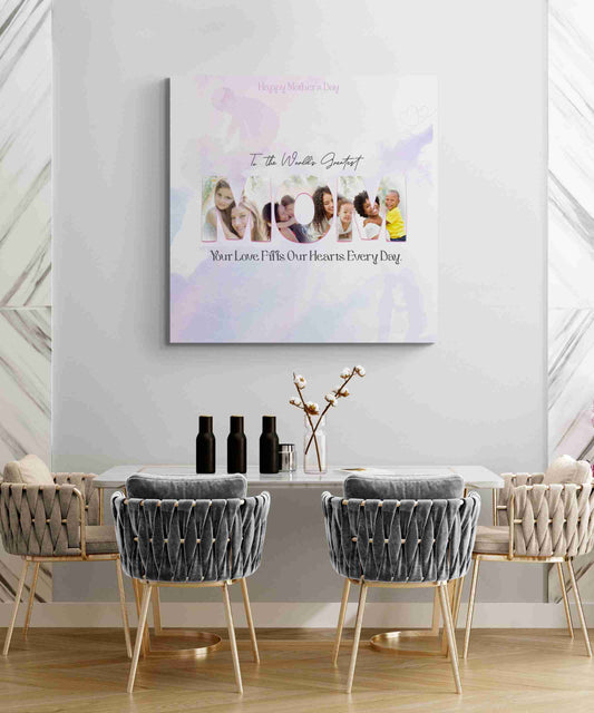 Custom Mother's Day photo canvas with three photos inside the letters M-O-M