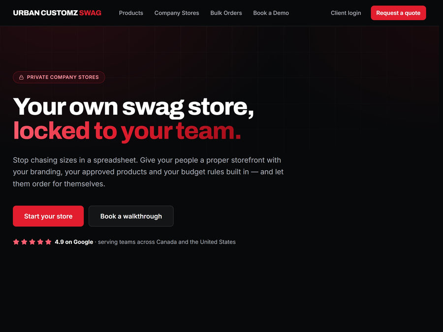 The Urban Customz Swag platform site: your own swag store, locked to your team