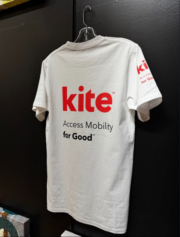 A white Kite Mobility team t-shirt showing the back print and the sleeve print