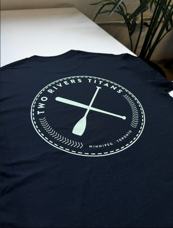 A navy t-shirt screen printed with the Two Rivers Titans crest