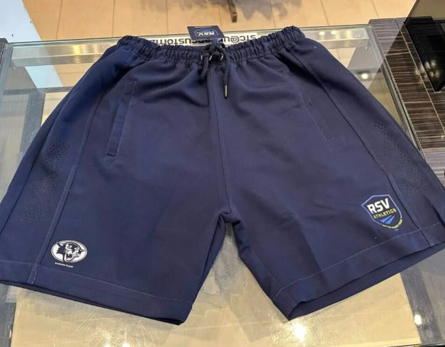 A pair of navy custom-branded shorts produced for Woburn Rugby
