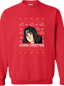 Uchiha Christmas Ugly Sweater on a red crewneck sweatshirt