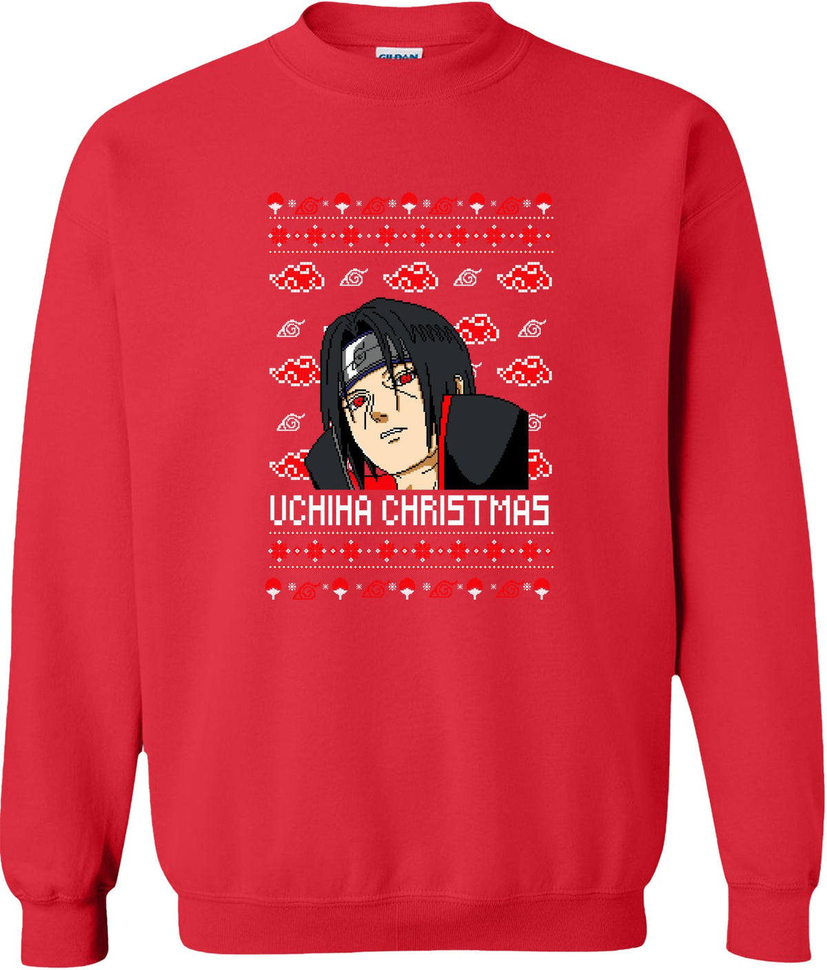 Uchiha Christmas Ugly Sweater on a red crewneck sweatshirt
