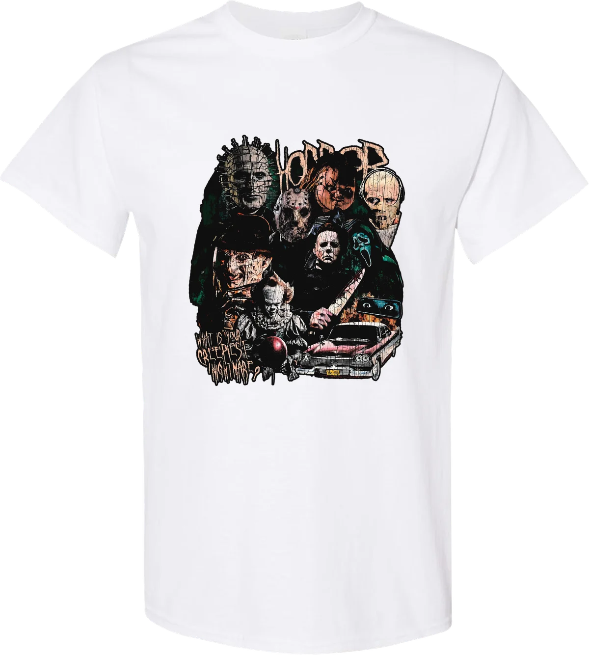 What's Your Creepiest Nightmare Halloween graphic on a white t-shirt